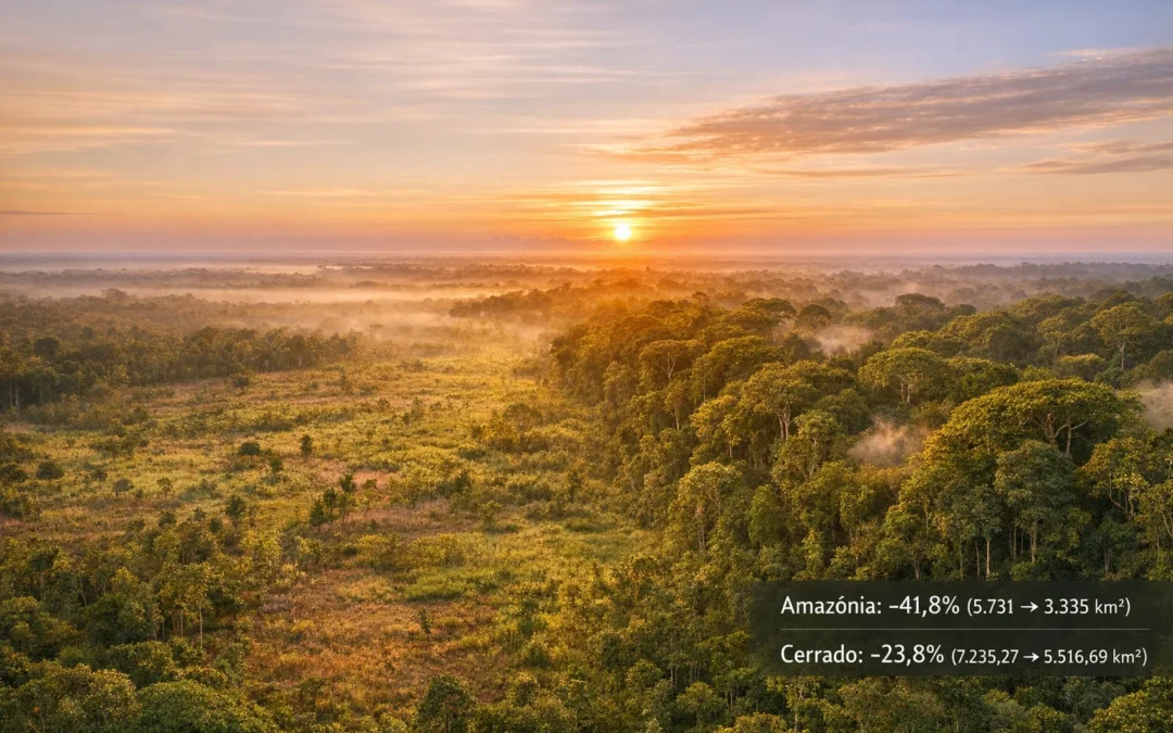 Desmatamento na Amazônia e Cerrado 2025-26: queda de 41,8%