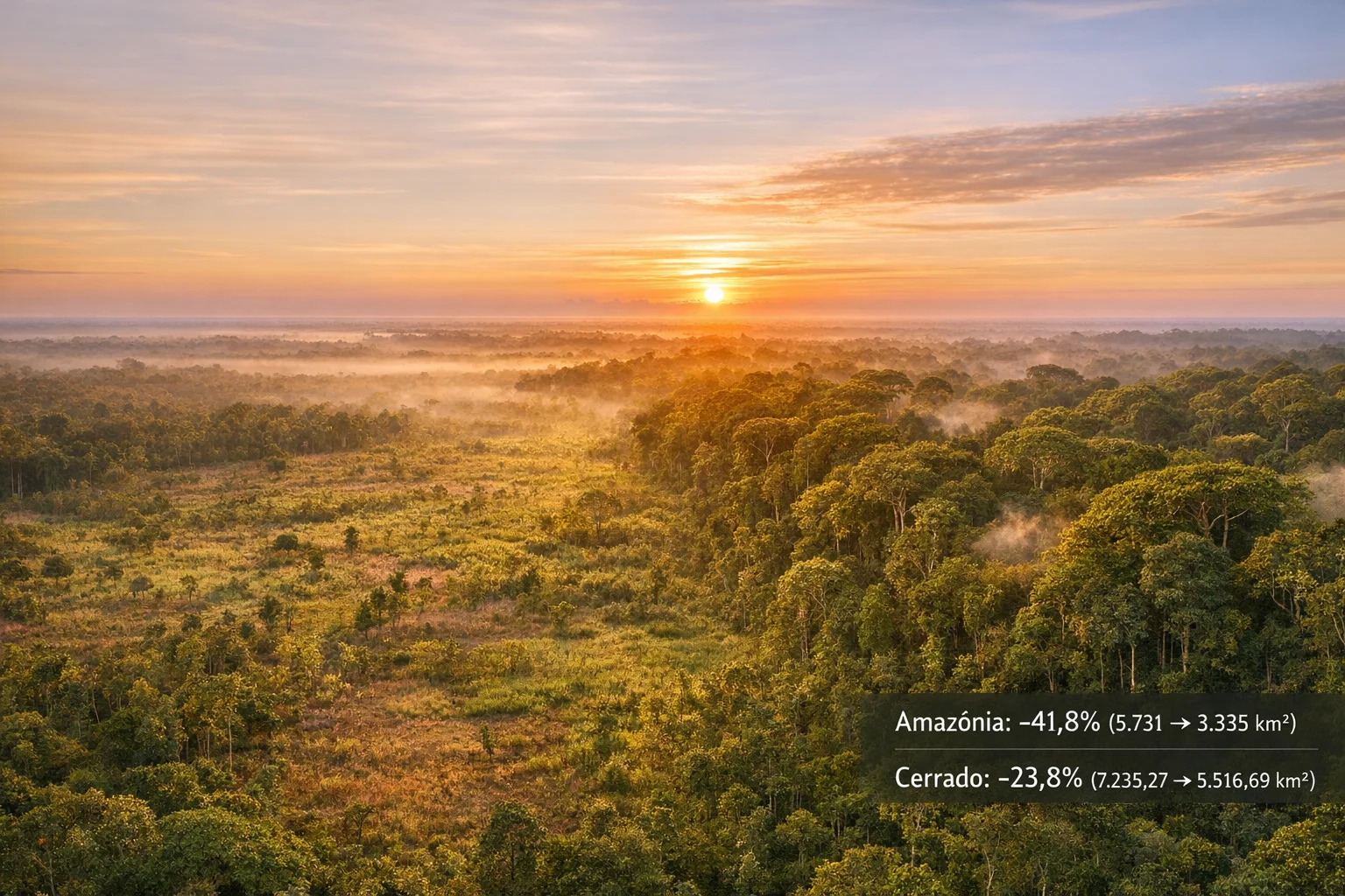 Desmatamento na Amazônia e Cerrado 2025-26: queda de 41,8%
